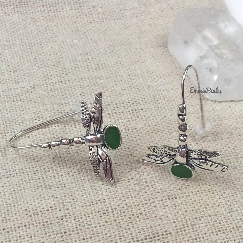 ✨3/$38  New Antique Silver & Green Dragonfly Drop Dangle Earrings - Free People - Picture 8 of 10